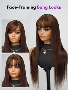 ALL READY WIG 戴上即走无胶真人发假发，即用即用假发，4# 巧克力棕色丝滑直发 100% 真人发蕾丝闭合假发，带飘逸刘海，4x4 预切蕾丝，预拔发际线，预漂白发结，度假装扮，旅行，节日，舞会，户外，角色扮演，校园，海滩，婚礼，露营，假日装扮，夏季装扮，Vacay Vibes 魅力，优雅休闲，Y2k 时尚风格，SS25 关键词 - S4 - 查看 5