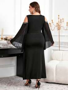 Reflora Plus Size Elegant Faux Pearl Decor Off-Shoulder Ruched Fishtail Hem Dress, Autumn - Black - View 8
