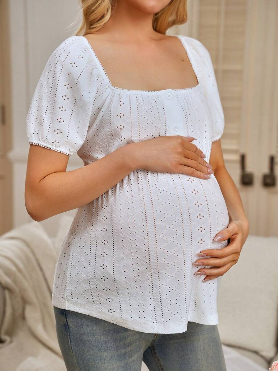 SHEIN 纯色休闲哺乳功能短袖上衣,适合孕妇穿着,百搭日常服饰 - 白色 - 查看 1