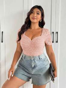 SHEIN Frenchy Áo liền thân cỡ lớn màu đen thanh lịch cổ khoét sâu dành cho nữ, thích hợp cho mùa hè. - Hồng - Xem 3