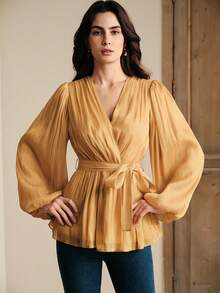 Anewsta 优雅雪纺亮面系腰灯笼袖女式衬衫 - 黃色 - 查看 5