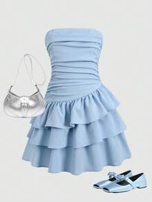 Girlism 少女夏季休闲度假简约舒适叠层荷叶边抹胸连衣裙 - 藍色 - 查看 7