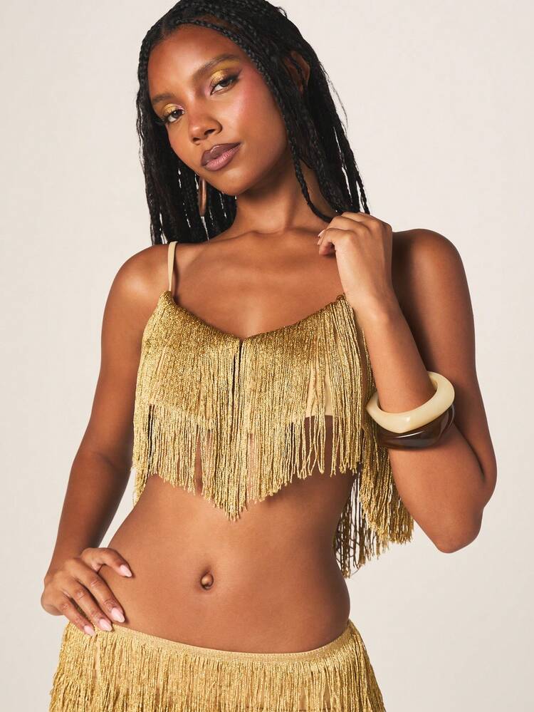 MISSGUIDED Metallic Gold Fringe Crop Top With Asymmetric Hem And Spaghetti Straps For Party Festival Concert Club Summer