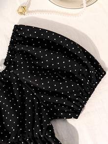 女童复古甜美风上衣一件：珍珠饰边+白色波点，泡泡袖短袖方领收腰设计，轻薄不蓬松，宽松舒适，适合约会/日常穿着，春夏皆宜。 - 黑色 - 查看 5