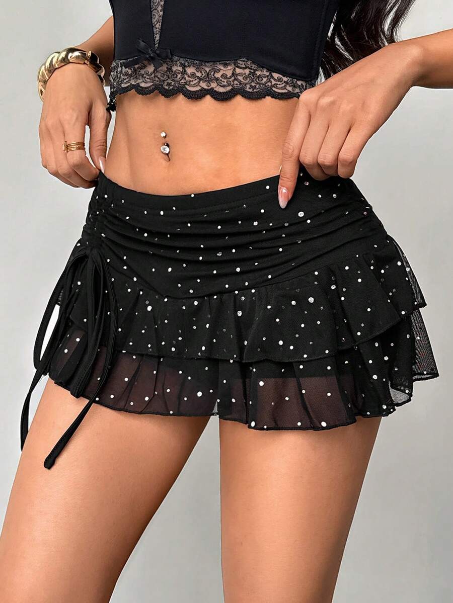 SHEIN PETITE Spring Summer For Women Concert Women Ultra Low Waist Ruched Tie-Up High Slit Sequin Mesh Layered Mini Skirt - Black - View 1