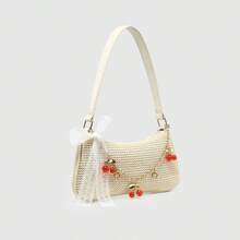 ROMWE Kawaii Túi xách nữ kiểu dáng cổ điển, chất liệu da báo, ngọc trai và ren, kiểu dáng ballet, đeo một vai hoặc khoác ngoài. - Màu hạnh nhân nhạt - Xem 6
