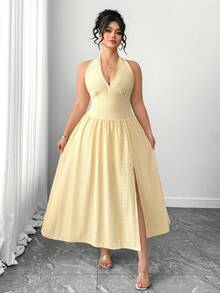 Elenzga Đầm dệt kim thanh lịch cỡ lớn dành cho nữ dự tiệc cocktail cưới - Màu vàng - Xem 4