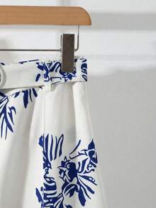 GlowEve Women's Printed Pattern Wide Leg Straight Pants, Elegant Waistband Design, Suitable For Daily, Commute, Casual, Business, French Style, Spring/Summer & Autumn/Winter - Blue and White - View 3