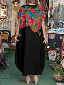 EMERY ROSE Vestido Plus Size com Decote em V, Bainha Franzida, Verde Tropical, Estilo Boho para Verão, Férias e Feriados, Primavera & Verão, Roupas Estilo Country para Mulheres - Preto - Visão 2