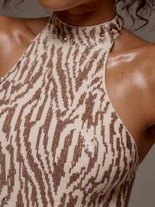 MUSERA Zebra Print Sequin High Neck Fitted Playsuit Spring Summer Holiday Vacation Beach Ibiza Festival Party Elegant Divinity - Apricot - View 6