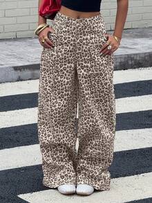 女士街头风斜插口袋豹纹宽松休闲牛仔裤 Y2k - 咖啡棕 - 查看 3
