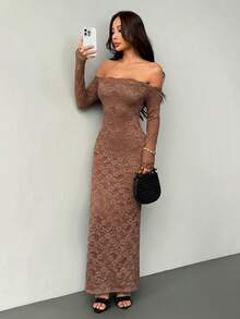 SHEIN PETITE Đầm ngắn tay dài trễ vai phối ren dành cho nữ, đầm hè, quần áo mùa xuân. - Cà phê nâu - Xem 7