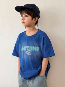 DAZY Camiseta casual de manga corta con cuello redondo y hombros caídos para niños pequeños - Azul - Ver 4