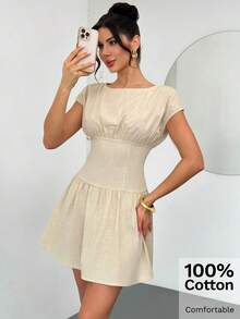 Firerie Đầm mini nữ thanh lịch, tối giản, tinh tế, trang nhã, phù hợp đi làm, dạo phố, thoải mái hàng ngày, đi nghỉ mát, đi biển, xếp ly eo, tay ngắn, dáng chữ A, màu mơ, chất liệu vải lanh, thích hợp cho mùa xuân/hè. - Màu be - Xem 6