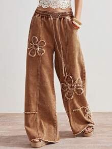 Bohemela Quần jean nữ dáng rộng, màu nâu trơn, chất liệu denim dệt kim, kiểu dáng vintage mùa xuân/hè, họa tiết hoa, thích hợp cho lễ tình nhân, phong cách miền Tây hoang dã, dự tiệc, đi biển, mặc hàng ngày, đi học, đi chơi và dự tiệc, thập niên 2000, kỳ nghỉ hè. - màu nâu - Xem 3