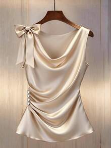 GlowEve Solid Color Bow Decor Draped Neck Sleeveless Top, Elegant For Spring And Summer - Khaki - View 1