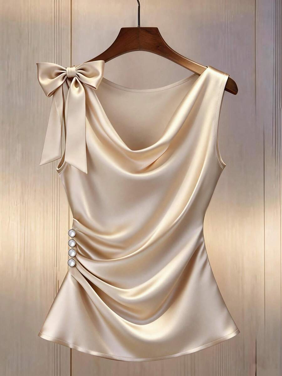 GlowEve Solid Color Bow Decor Draped Neck Sleeveless Top, Elegant For Spring And Summer - Khaki - View 1
