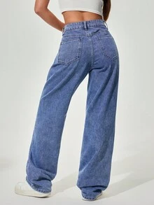 SHEIN ICON Quần jeans ống đứng ống rộng, giặt thường ngày dành cho nữ - Rửa tối - Xem 2