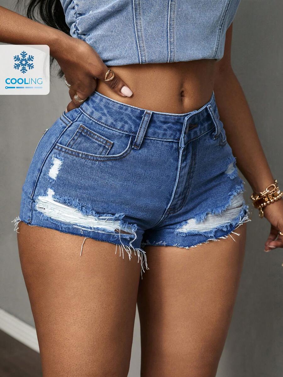 Slaydiva Women's Pocket Design Distressed Fitted Casual Versatile Denim Shorts - Baby Blue - View 1