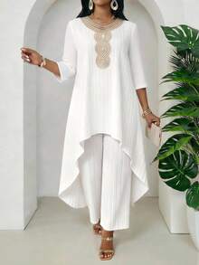 SHEIN Lady Women's Contrast Color Round Neck Top And Pants 2 Pieces Set - White - View 5