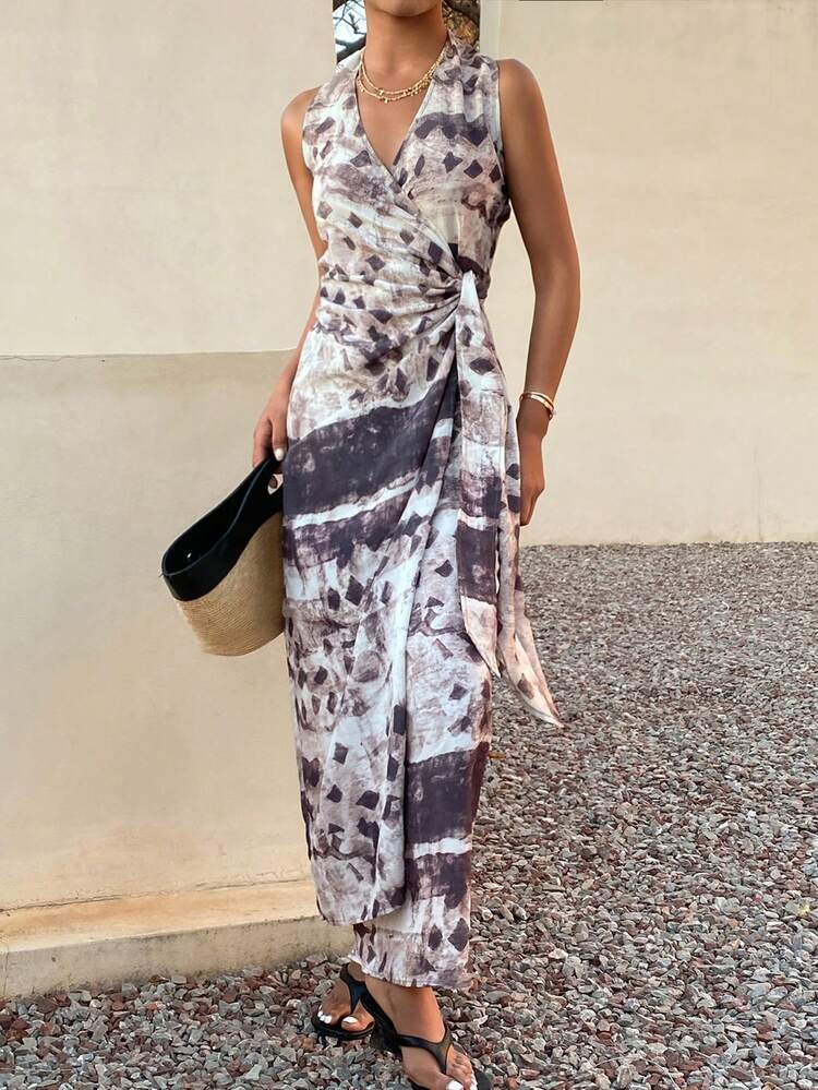 Floral Retro Print Halter Backless Tie-Up Oblique Collar Casual Vacation Dress For Women, Summer Sundress