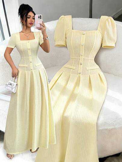 Elenzga فستان كاجوال أنيق للنساء للربيع/الصيف، قصير الأكمام بياقة مربعة وخصر مربوط بقماش منسوج بلون أصفر فاتح، تصميم بخط A مناسب للارتداء اليومي والمناسبات