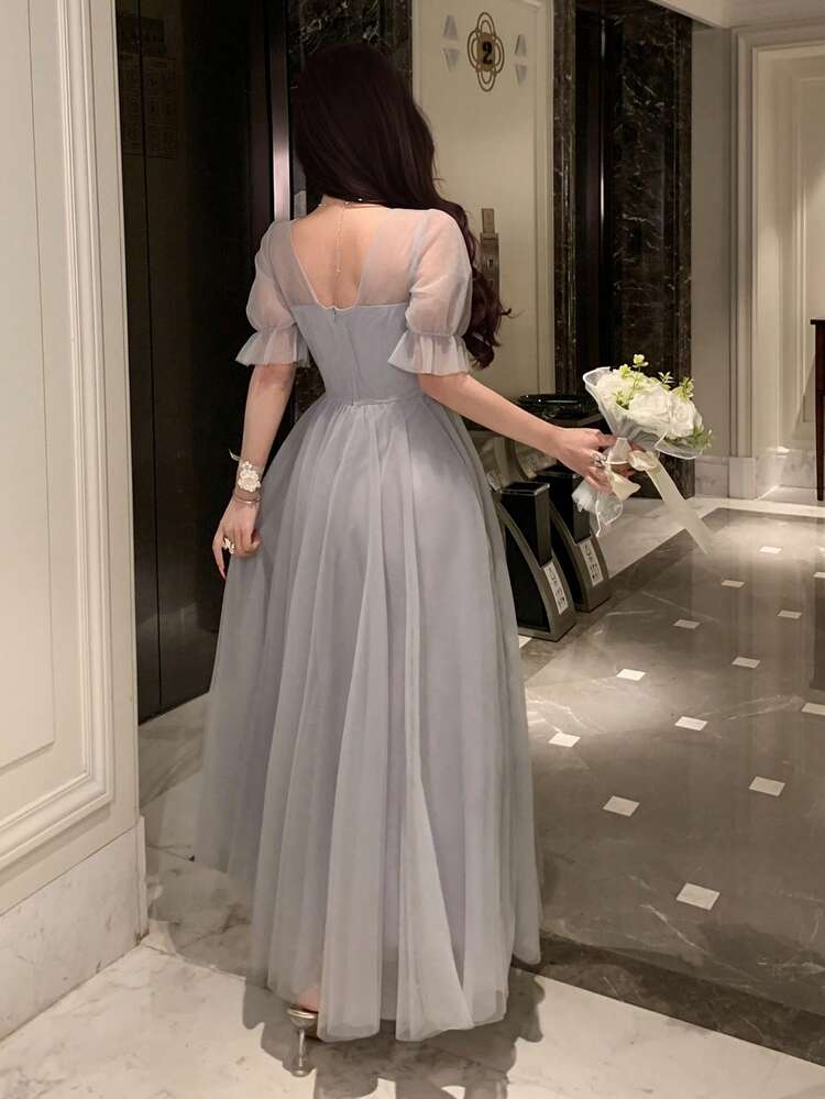 Women's Elegant Lace Patchwork Petal Sleeve Mid-Length Dress, Suitable For Bridesmaids Summer,Wedding Guest Dress Women Sundress