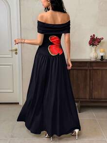 EastFlair 女士印花优雅长连衣裙，露肩领口 - 紅色和黑色 - 查看 7