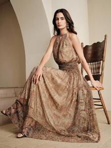 Anewsta Đầm dáng suông cổ chữ V xếp ly in họa tiết và ánh kim mới cho mùa Xuân/Hè, đầm dự tiệc màu nâu thanh lịch, đầm cổ yếm đính đá lấp lánh, đầm cưới. - màu nâu - Xem 7