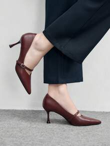 CUCCOO BIZCHIC Burgundy New Pointed Thin Heel Metal Buckle Commuting Elegant Commuting Workplace Wear Temperament High Heels - Burgundy - View 3