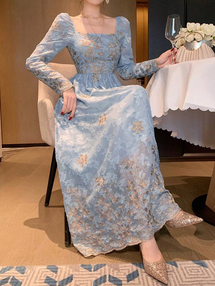 Spring & Summer Blue Textured Organza Embroidered Lace Dress, Floral All-Over Print, Suitable For Valentine's Day, Wedding, Party, Formal Occasion, Fashion Event, Elegant Commute, Waist-Cinching, Flared Maxi Dress, Vacation Fairy-Core, Long Sleeve Women's Mid-Length Dress Sundress