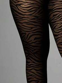 Plus Size Women Sexy Zebra Print Black Mesh Leggings Zebra Print Tights Bottoms Mesh Tights For Women, See Through Curve Tights For Women Plus Size, For Pear And Triangle Body Shape, For Summer - Black - View 9