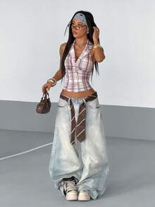 StreetHx Streetwear Women's Plaid Sleeveless Shirt, Summer - Dusty Pink - View 3