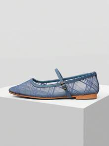 MOTF WOMEN'S CONTRAST MESH PLAID FLAT SHOES - Blue - View 4