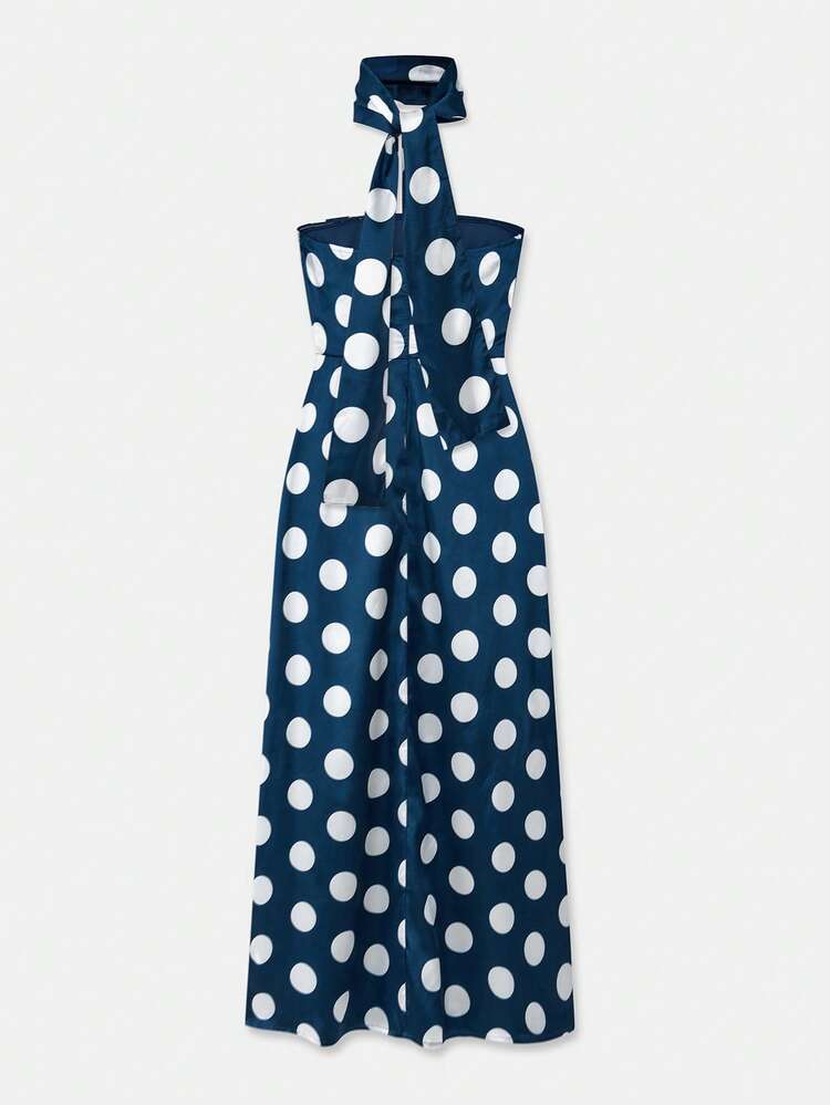 Long Strapless Navy Blue Satin Polka Dot Dress Fall Women Clothes Autumn Winter