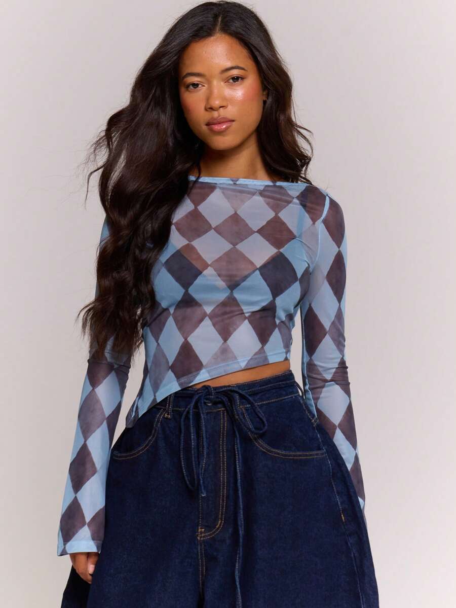 MUSERA Diamond Print Mesh Asymmetric Hem Long Flared Sleeve Top Autumn Winter Cool Streetwear Going Out Casual Everyday New Retro Spring Summer - Baby Blue - View 1