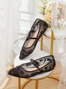 CUCCOO HITCHD Bailarinas elegantes para uso diario con bordado de flores, malla de red y decoración de perlas para mujer - Negro - Ver 5