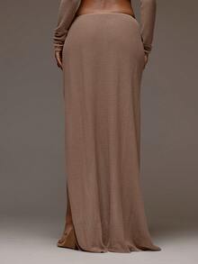 MUSERA Knit Brown High Leg Split Ring Detail Maxi Skirt Holiday Spring Summer Holiday Vacation Beach Ibiza Festival Party Elegant Divinity - Camel - View 4