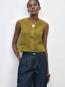 Maija Women's Chunky Knit Sleeveless Cardigan, Spring - Olive Green - View 8