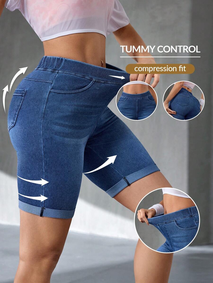 Flexra Dambermudashorts med hög midja och stretchiga skinny jeans - Mediumtvätt - Visa 1