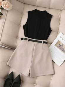 Franclia Women's Two-Piece Set, Black And Beige Summer Elegant High-Neck Sleeveless Mesh Patchwork Vest & Cinched Waist Asymmetric Skorts Outfit For Brunch Party - Apricot - View 2