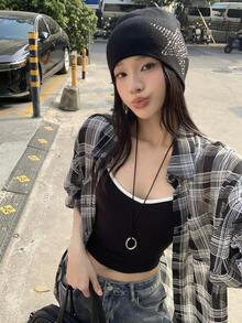 DAZY 女士格子落肩长袖单排扣休闲衬衫 - 藏蓝色 - 查看 3