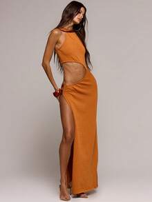 MUSERA Sequin Knit Racer Neck Cut Out Leg Split Detail Fitted Maxi Dress Spring Summer Sexy Date Night Club Festival Holiday Night Out Vacation Soul Ties - Orange - View 1