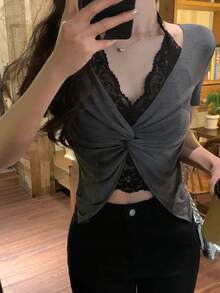 DAZY Women's Lace Patchwork Korean Style Short Sleeve Casual T-Shirt Summer - Grey - View 1