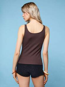 COUREZ 亨利领罗纹背心上衣 / Y2K 夏季女装可爱性感棕色无袖上衣沙滩度假泳装夏季外出女式沙滩装 - 咖啡棕 - 查看 3