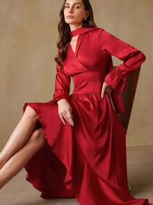Chiquease Fashionable Design Sense Front Short Back Long Flowing Elegant High-End Long Sleeve Solid Color Cinched Waist Dress - Burgundy - View 1