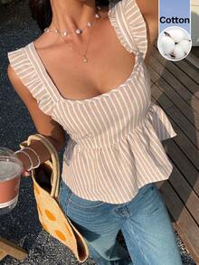 SHEIN Frenchy Women's Summer Vacation Casual  Cotton Striped Square Neck  Ruffle Trim Strap Big Bow Tie Back Open Back Peplum Cami Top Vacation,Elegant Women's Blouses Blouse Summer Tops,Summer, Valentine's Day, Carnival, Party ,Wedding ,Birthday, Elegant ,Vacation, Casual ,Summer Tops ,Fasching Women Costume - Multicolor - View 2