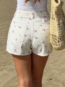 2026 Shorts vaqueros informales de mujer con dobladillo deshilachado y estampado floral diminuto - Azul - Ver 9
