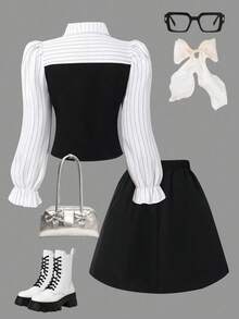 Sparklyn 女童格子领泡泡袖开衫上衣，搭配松紧腰百褶裙，学院风春秋季 - 黑與白 - 查看 2