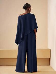 Zivah New New Fall And Winter Women Clothes Casual Commuting Brown Loose One-Shoulder Irregular Top + High Waist Wide-Leg Trousers Women Two Pieces Set, ,Back To School,Country Concert Outfit,Homecoming,Halloween,Christmas,Brunch Outfits For Women,Going Out Outfits , Church Outfits Women,Travel, Shopping-A - Navy Blue - View 3